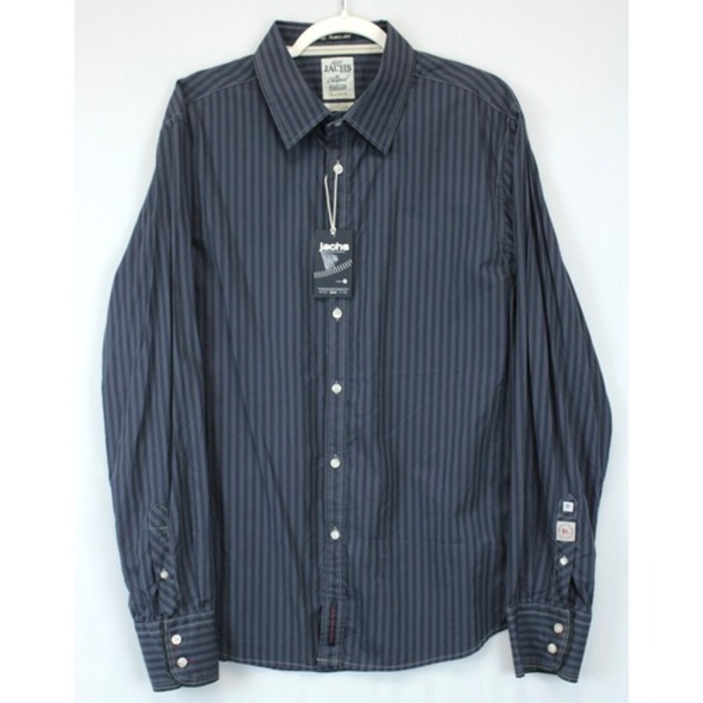 Jachs Button Up Shirt Flip Cuff Men L Gray Stripe Long Sleeve 100%Cotton Office